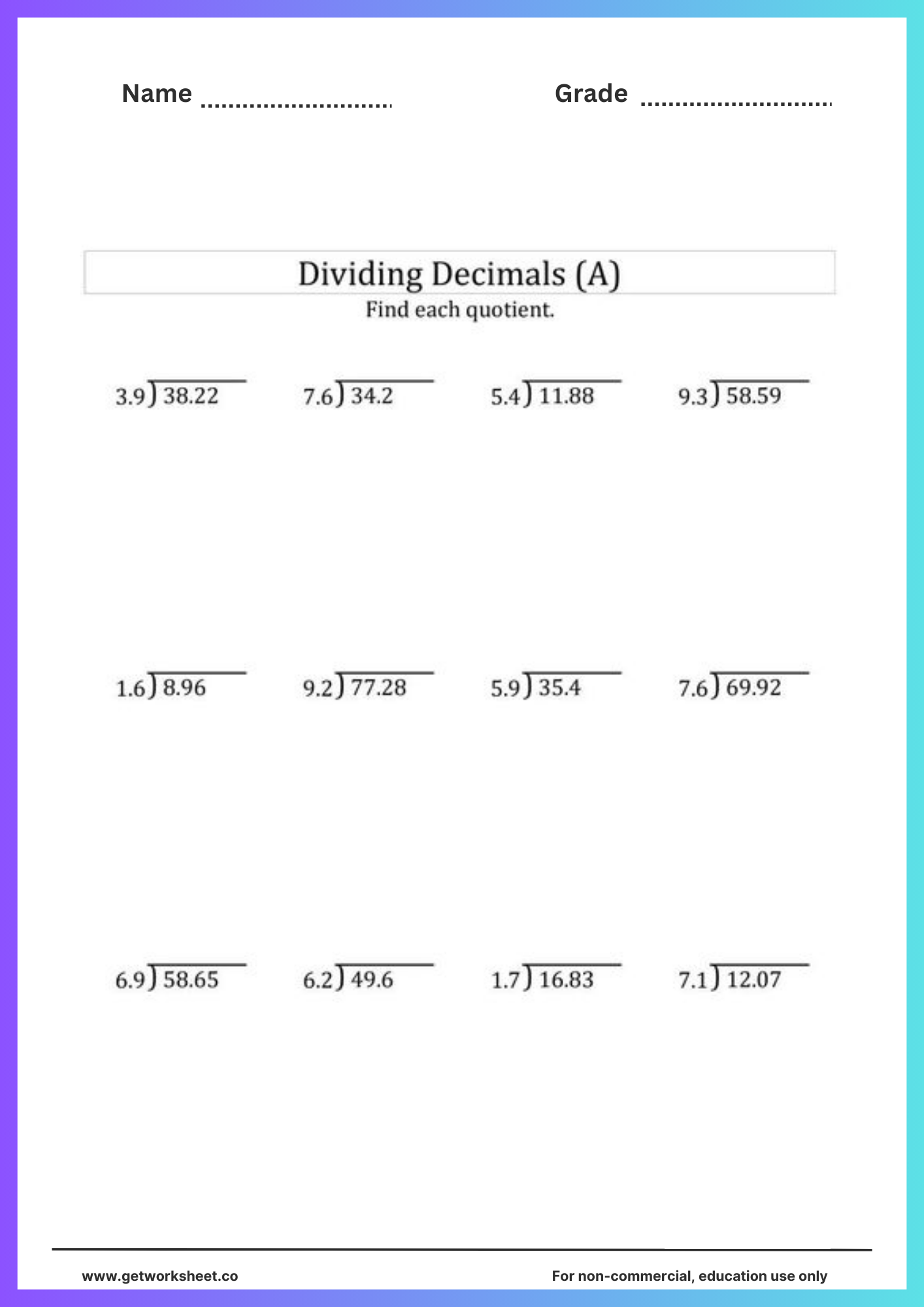 divide decimals worksheet