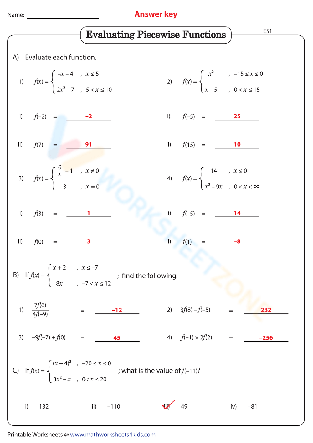 Free Printable Evaluating Piecewise Functions Worksheets Worksheets Library