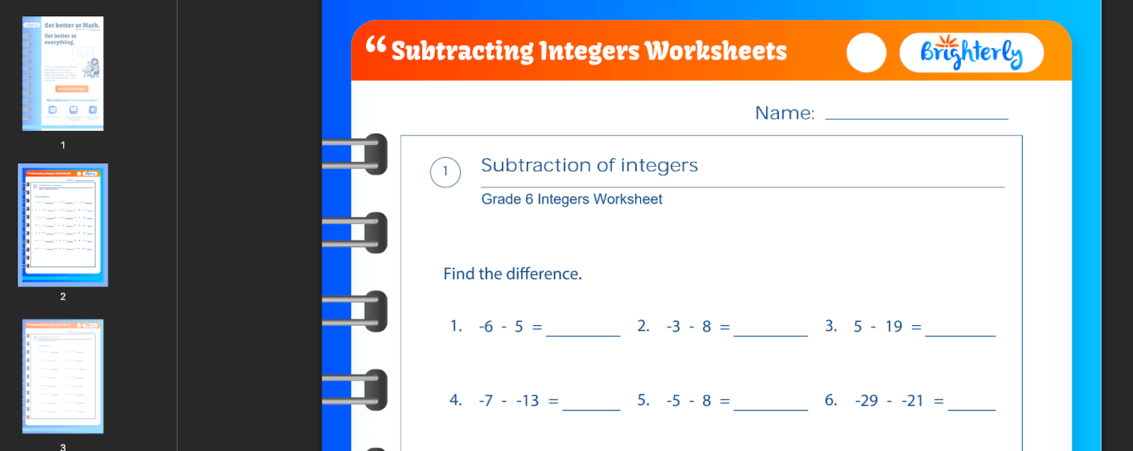 Free Printable Subtracting Integers Worksheets PDFs Brighterly