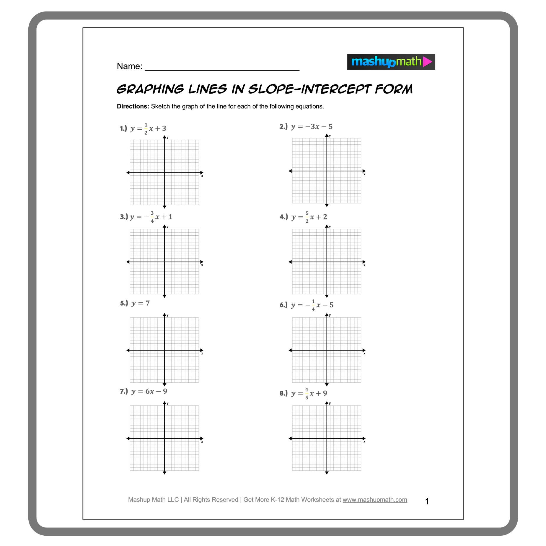 Free Slope Intercept Form Worksheets with Answers Mashup Math