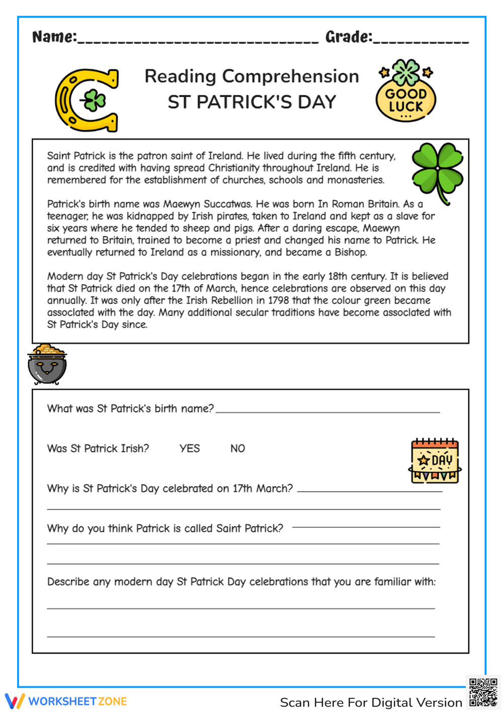 Free ST Patricks Day Reading Comprehension Worksheets Worksheets Library