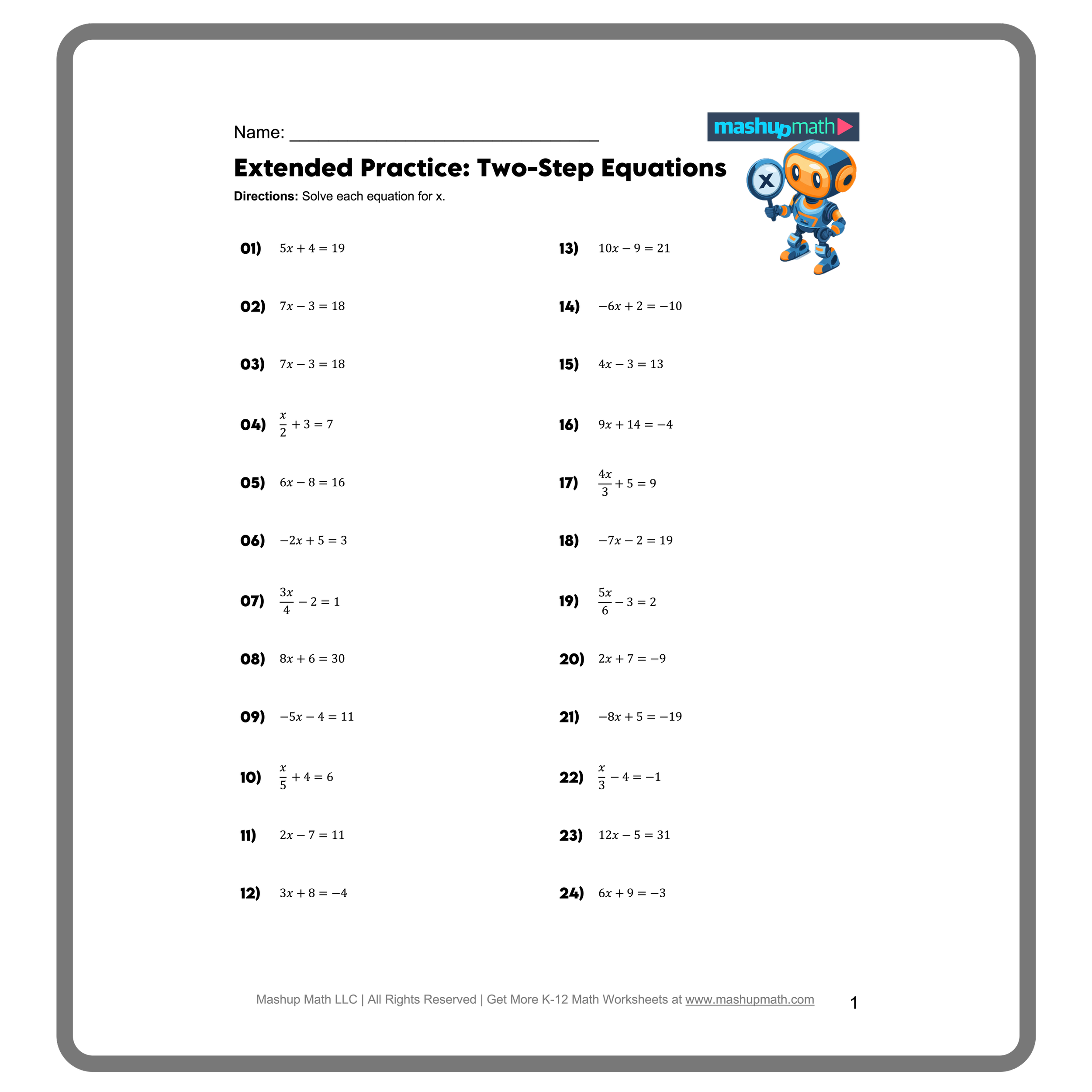 Free Two Step Equations Worksheets Mashup Math