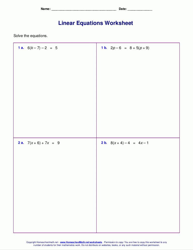 Free Worksheets For Linear Equations grades 6 9 Pre algebra Algebra 1 