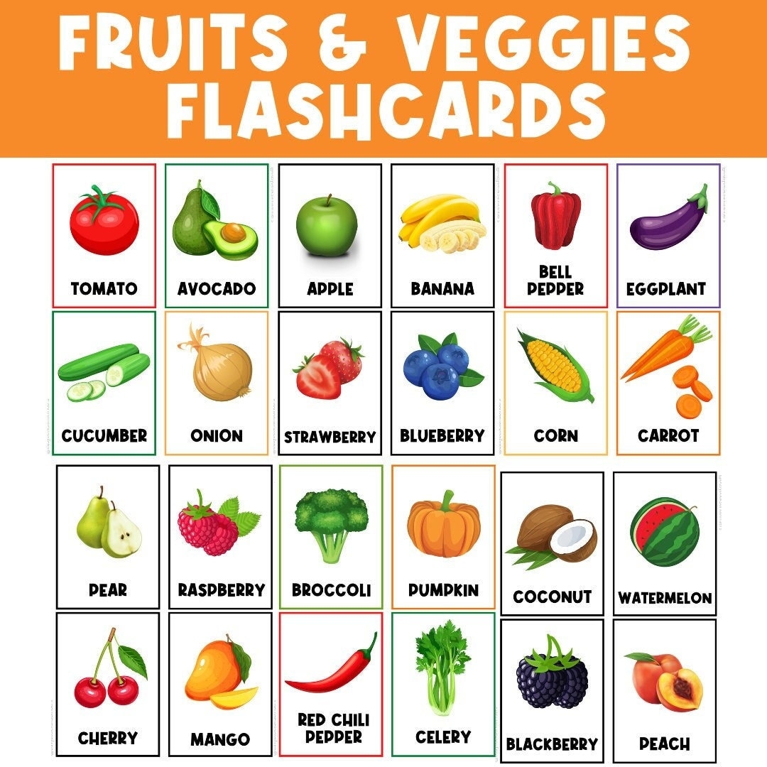 FRUITS VEGETABLES FLASHCARDS Preschool Flash Cards Real Pictures Busy Book Kindergarten Vocabulary Printables Download