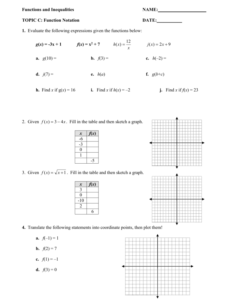Function Notation Worksheet Evaluating Graphing Functions