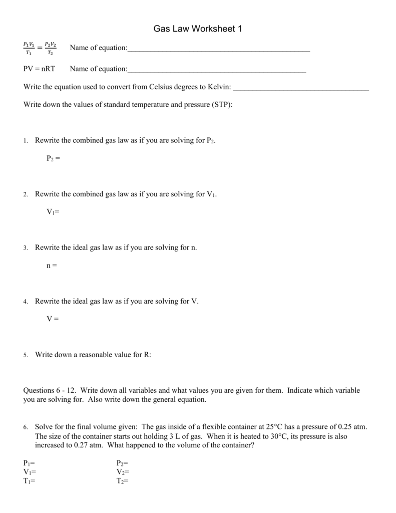 ideal gas law worksheet ideal gas law worksheet
