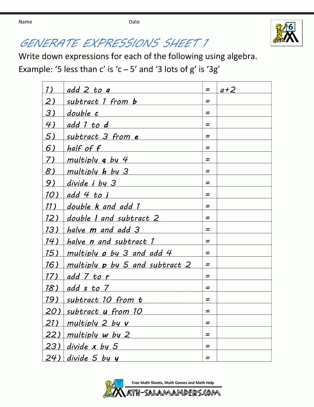 Generate Algebraic Expressions Worksheet