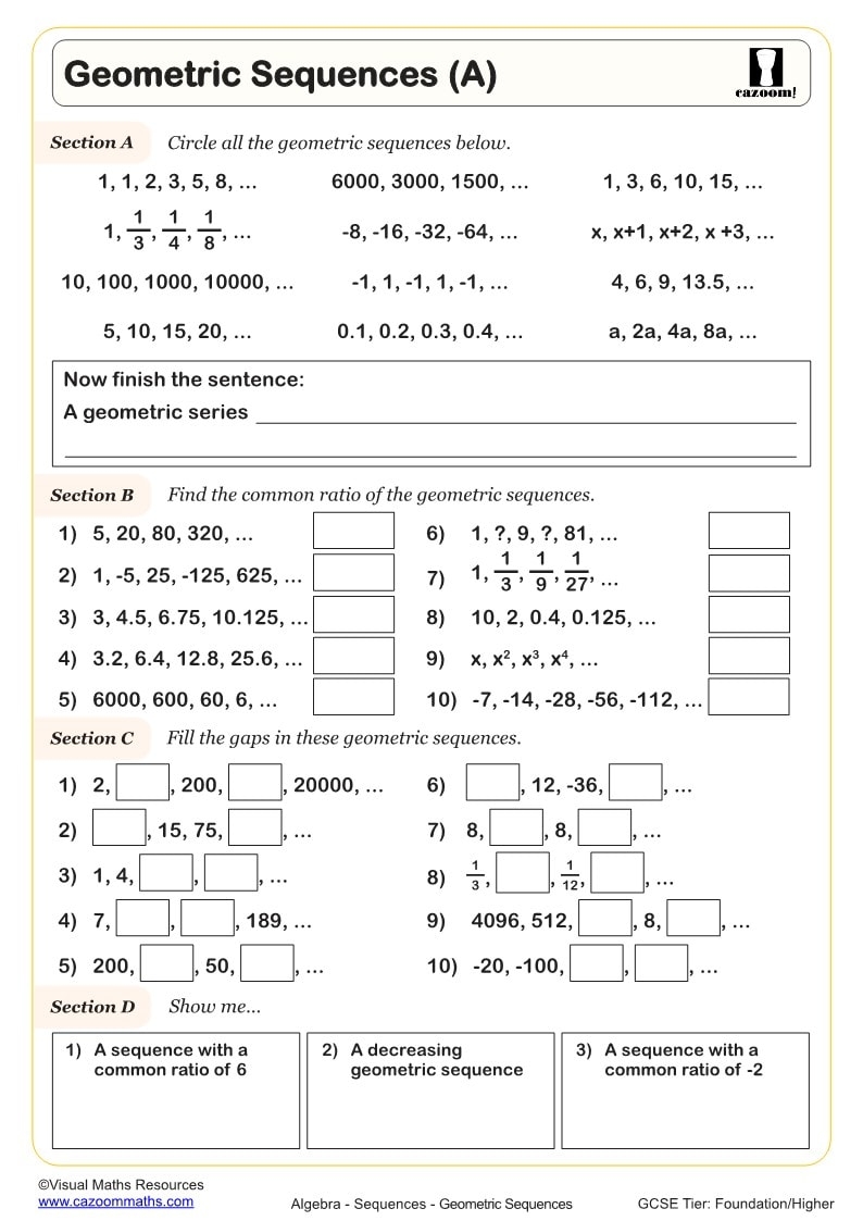 Geometric Sequences A Worksheet Printable PDF Worksheets