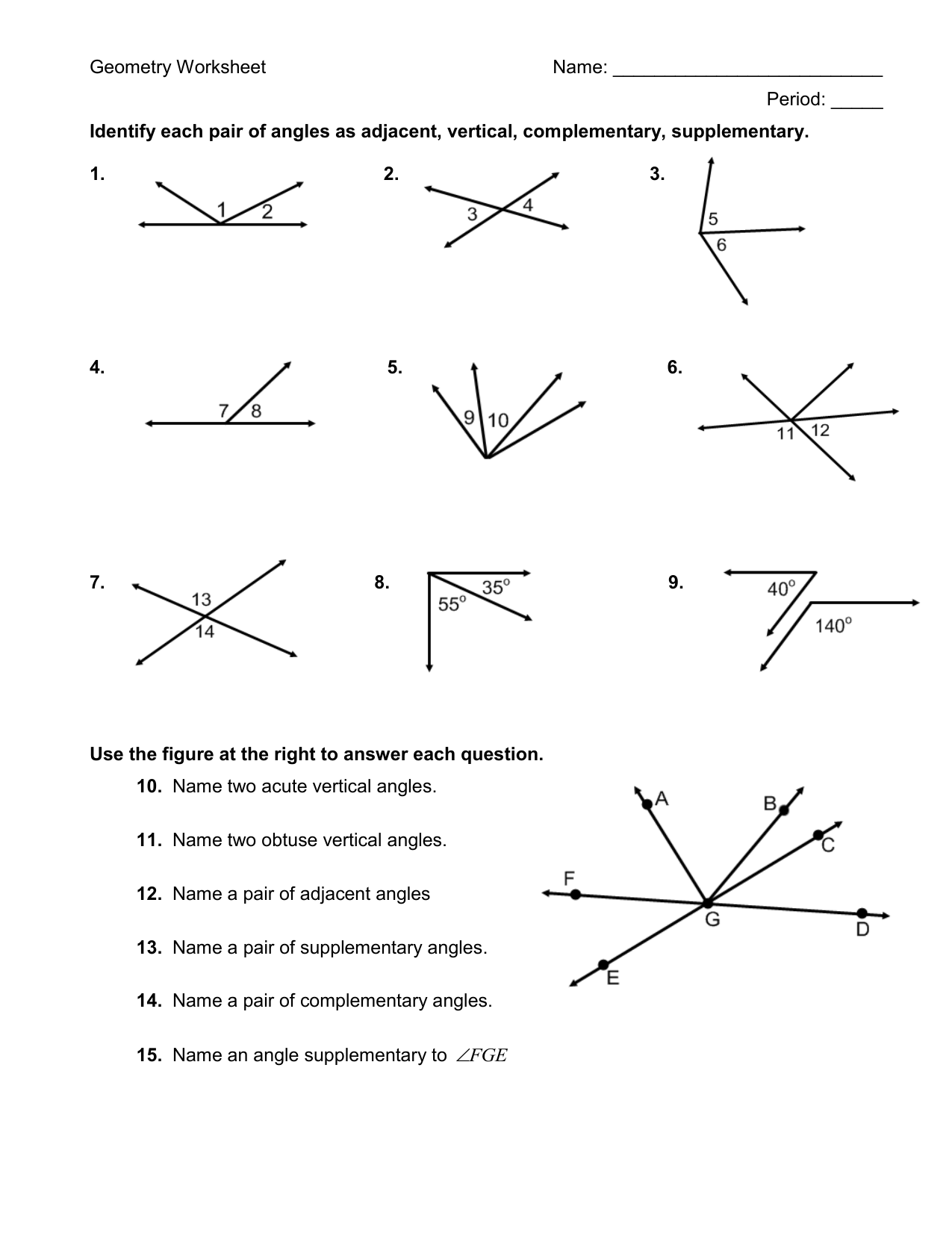 Geometry Worksheet Angle Identification Measurement
