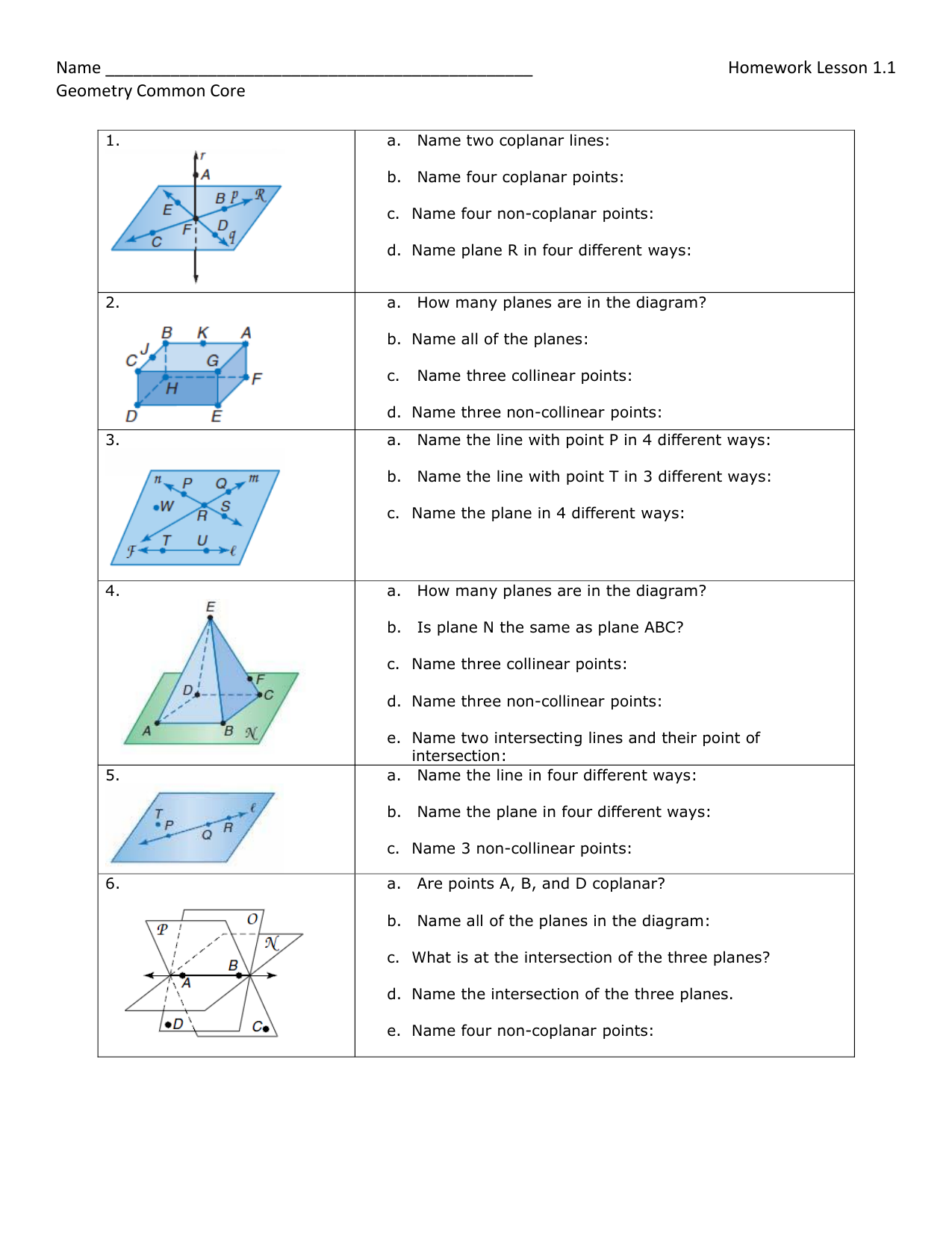 Geometry Worksheet Points Lines Planes