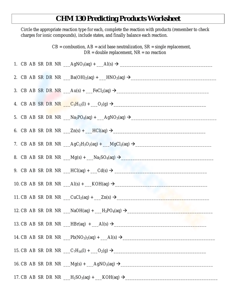 Grade 10 Predicting Products Of Chemical Reactions Worksheets Printable