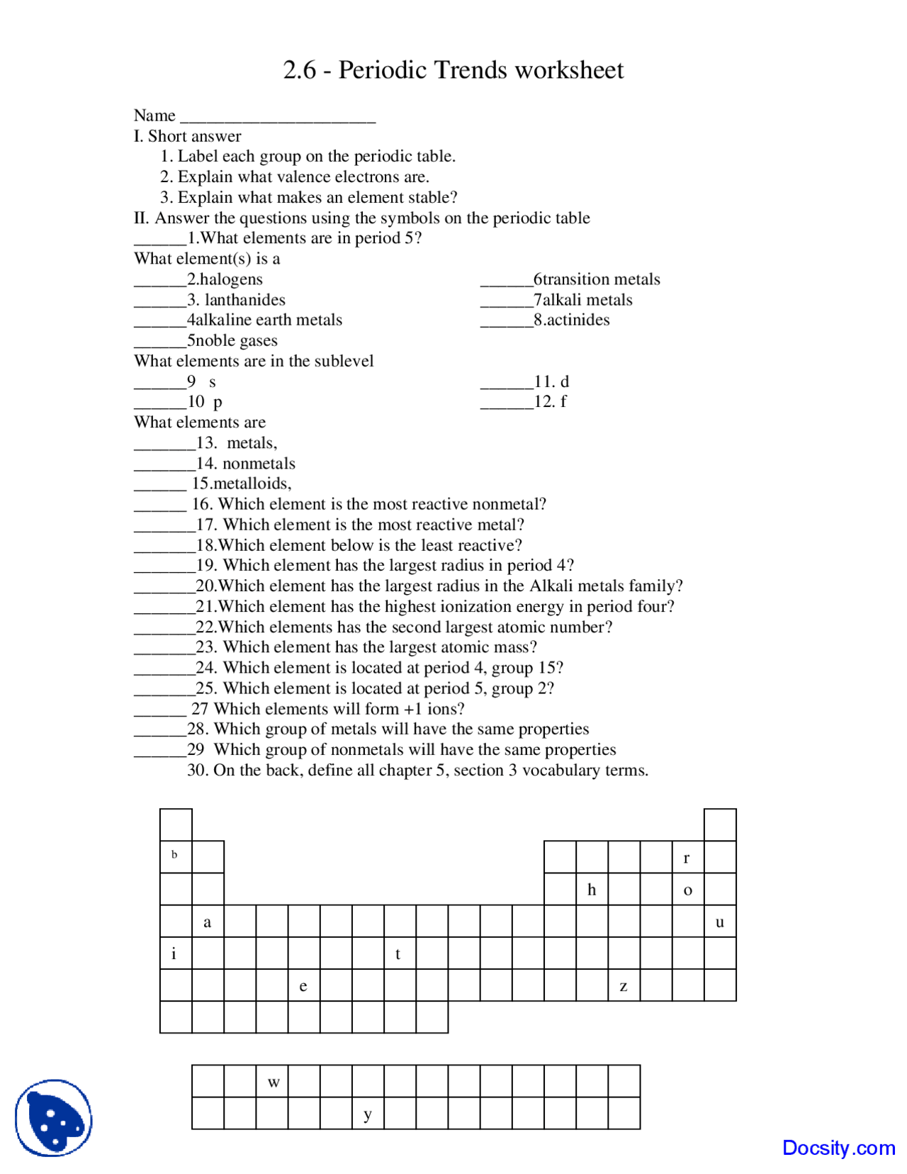 Grade 12 Periodic Trends Worksheets 2025