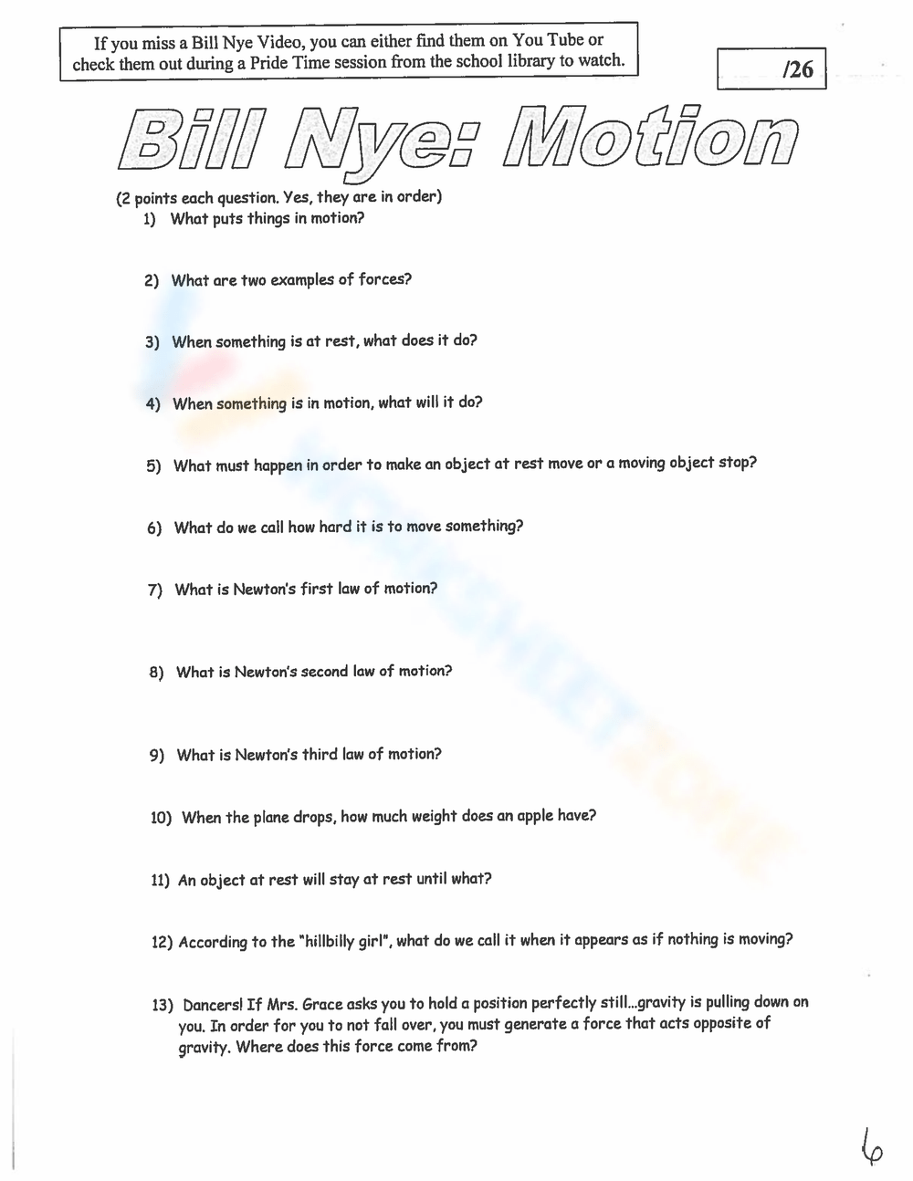 Grade 4 Bill Nye Motion Worksheets Grade 4 Bill Nye Motion Worksheets