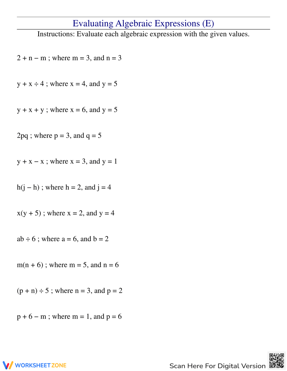 Grade 5 Evaluating Expressions Worksheets
