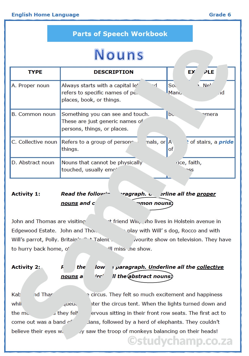 Grade 6 English Worksheet Parts Of Speech