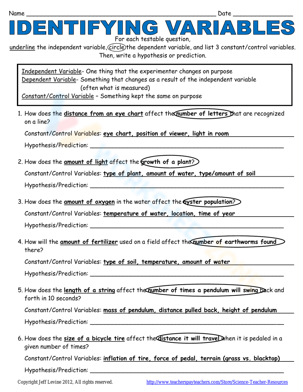Grade 7 Identifying Variables Worksheets Printable