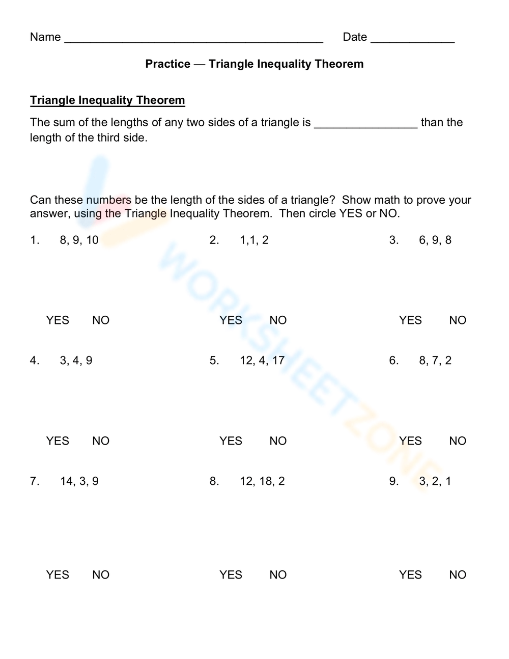 Grade 7 Triangle Inequality Theorem Worksheets