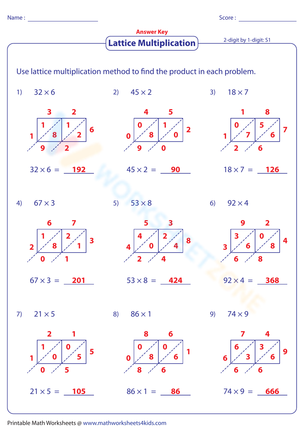 Grade 8 Lattice Multiplication Worksheets Printable