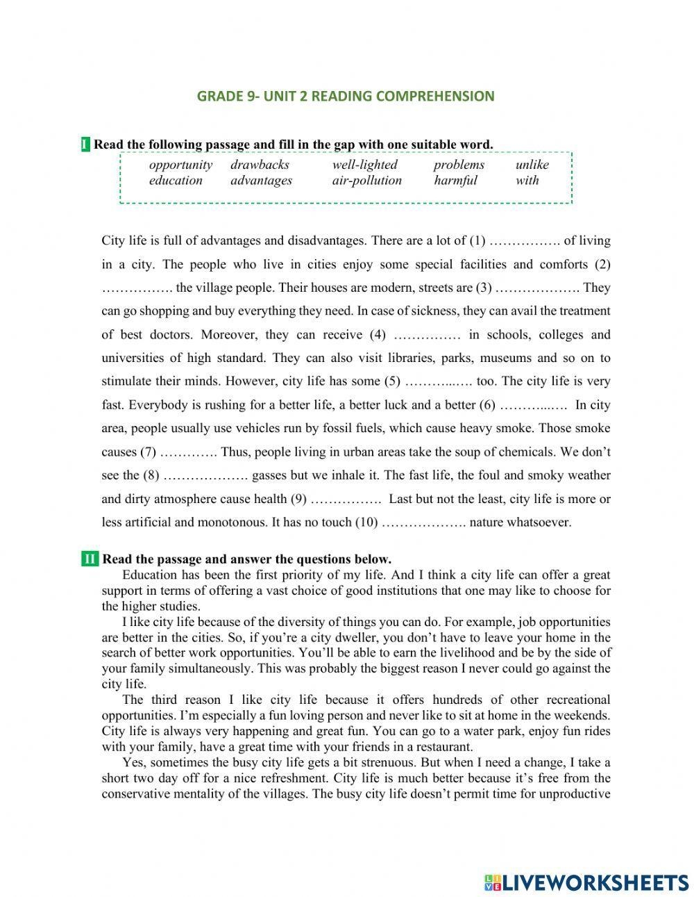 reading comprehension worksheets 9th grade