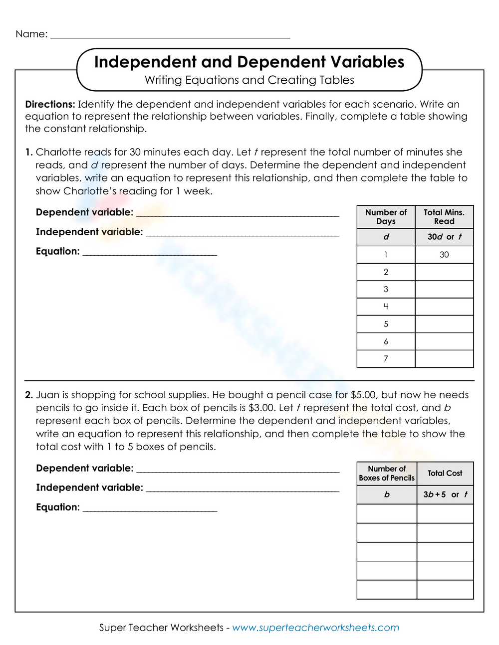 Grade 9 Independent And Dependent Variables Worksheets