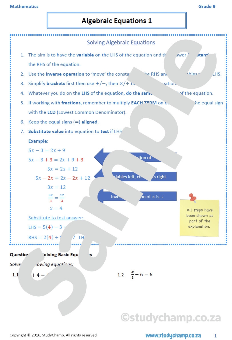 Grade 9 Mathematics Worksheet Algebraic Equations