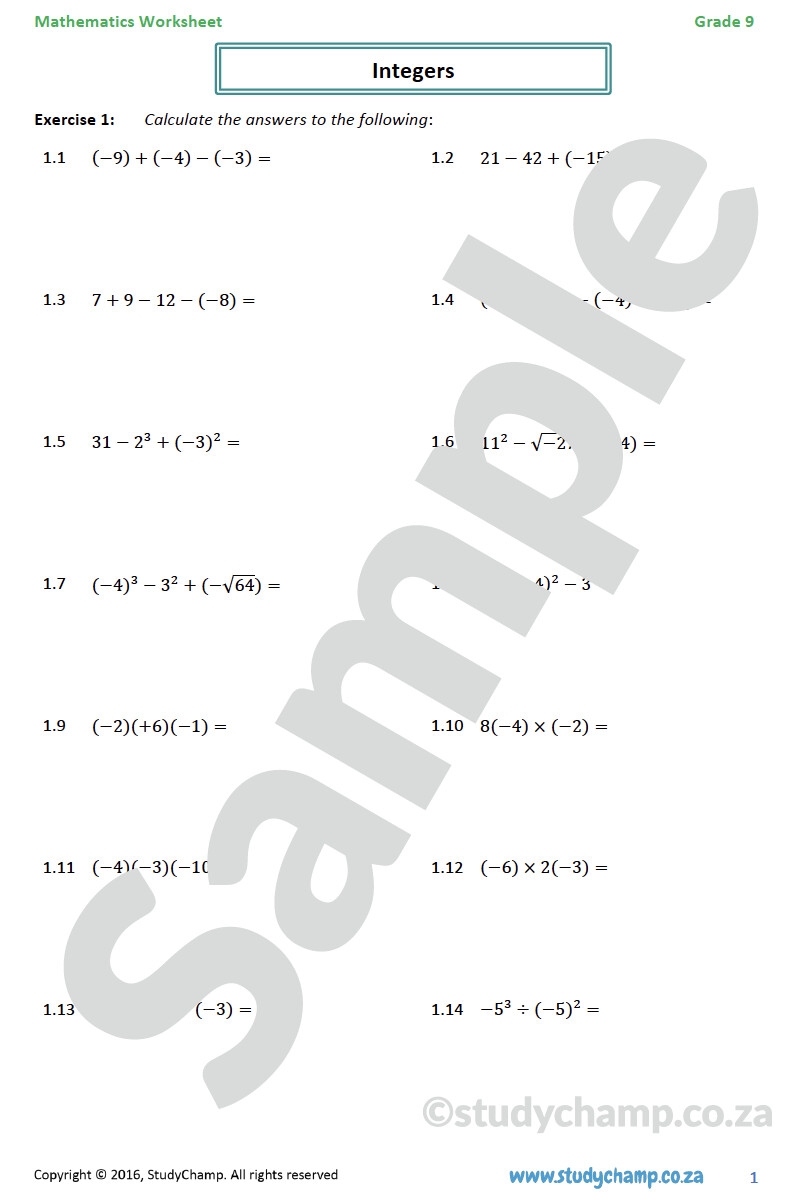 Grade 9 Mathematics Worksheet Integers