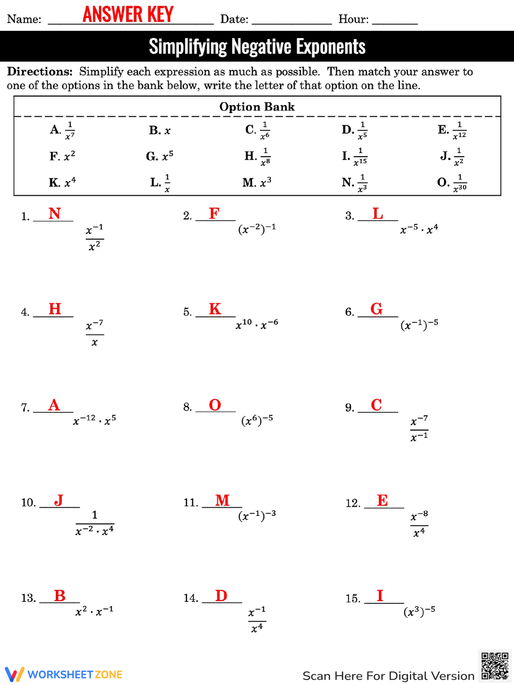 Grade 9 Negative Exponents Worksheets Printable