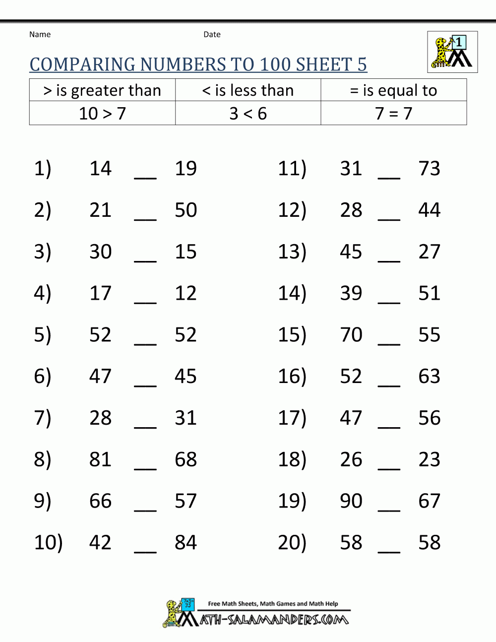 comparing numbers worksheets