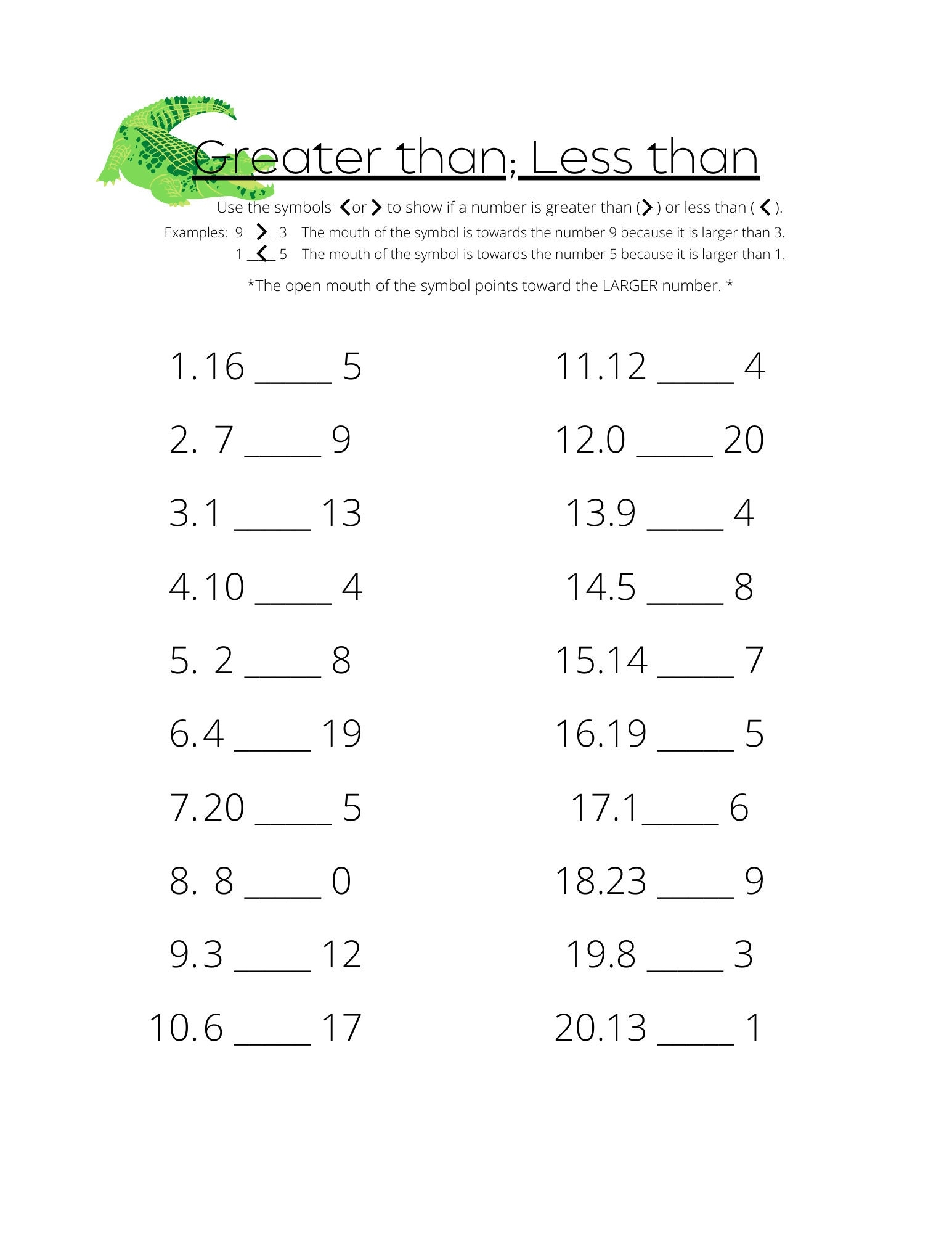 math greater than less than worksheets