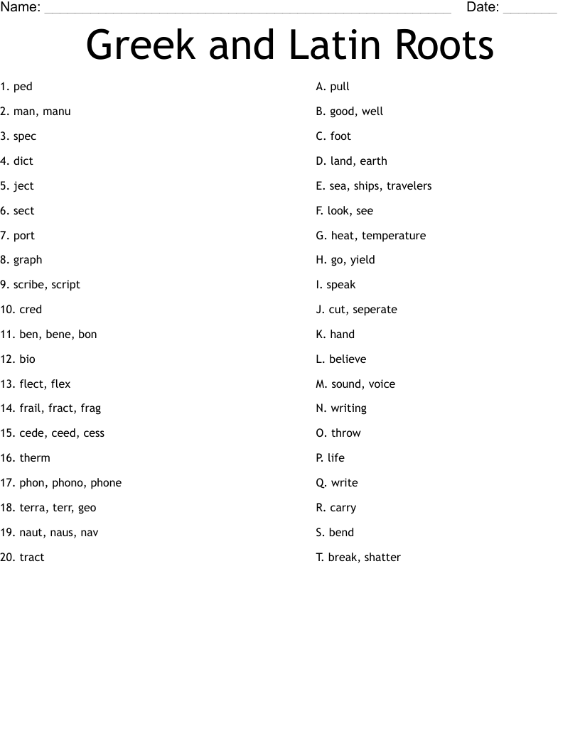 Greek And Latin Roots Worksheet WordMint