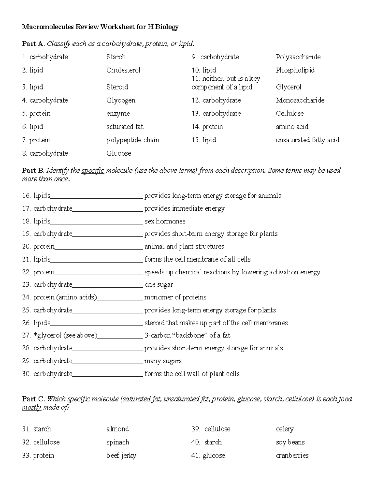 worksheet on macromolecules