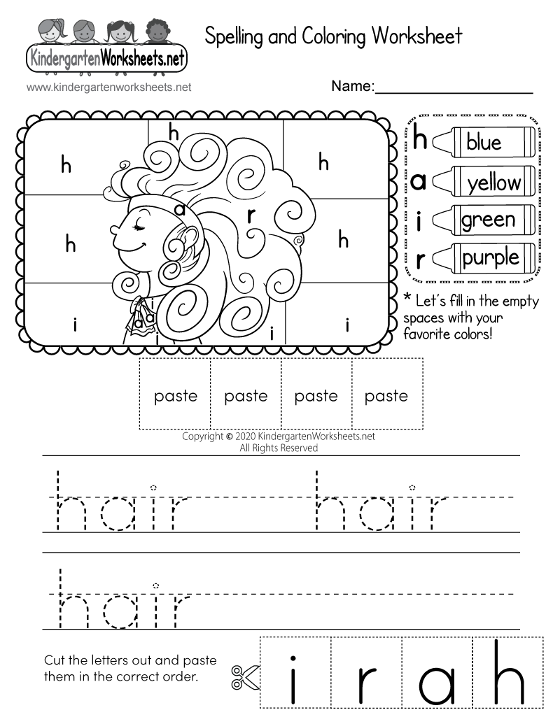 Hair Spelling And Coloring Worksheet Free Printable Digital PDF
