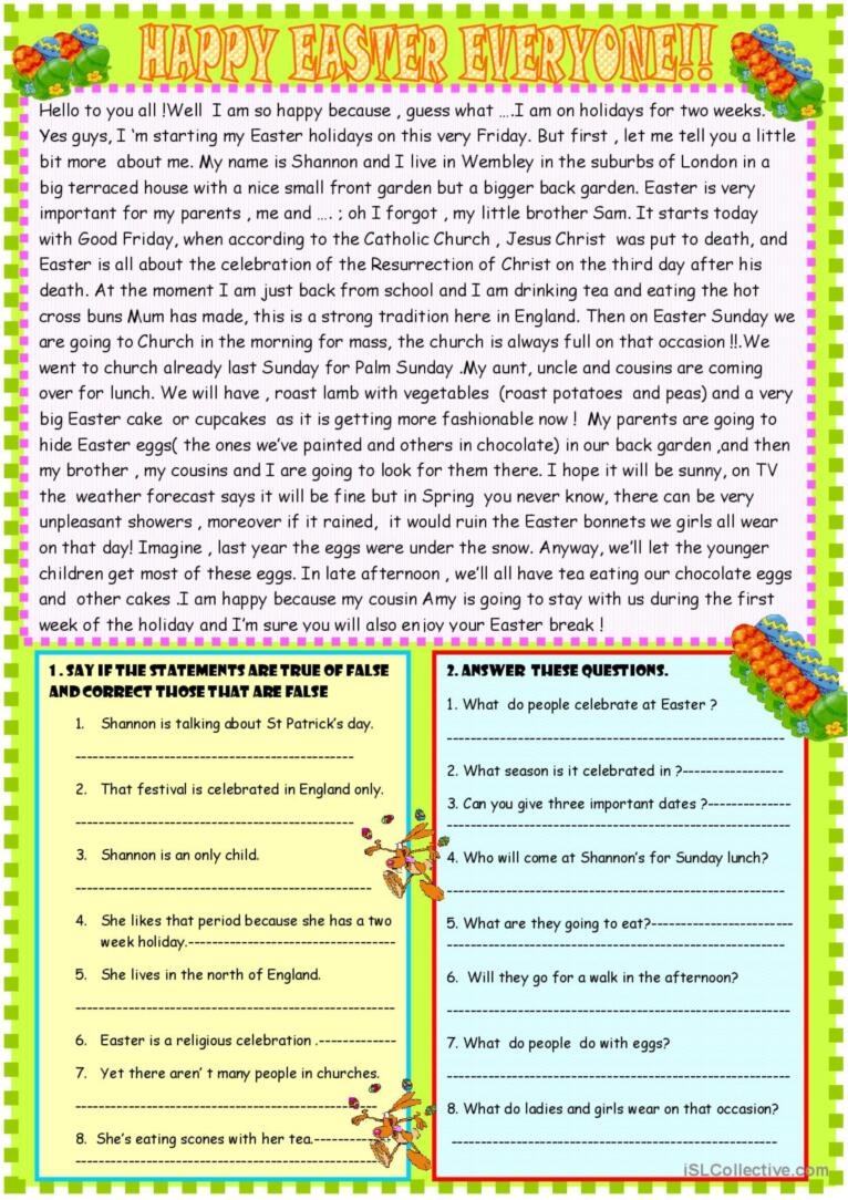 Happy Easter Reading Comprehension R English ESL Worksheets Pdf Doc