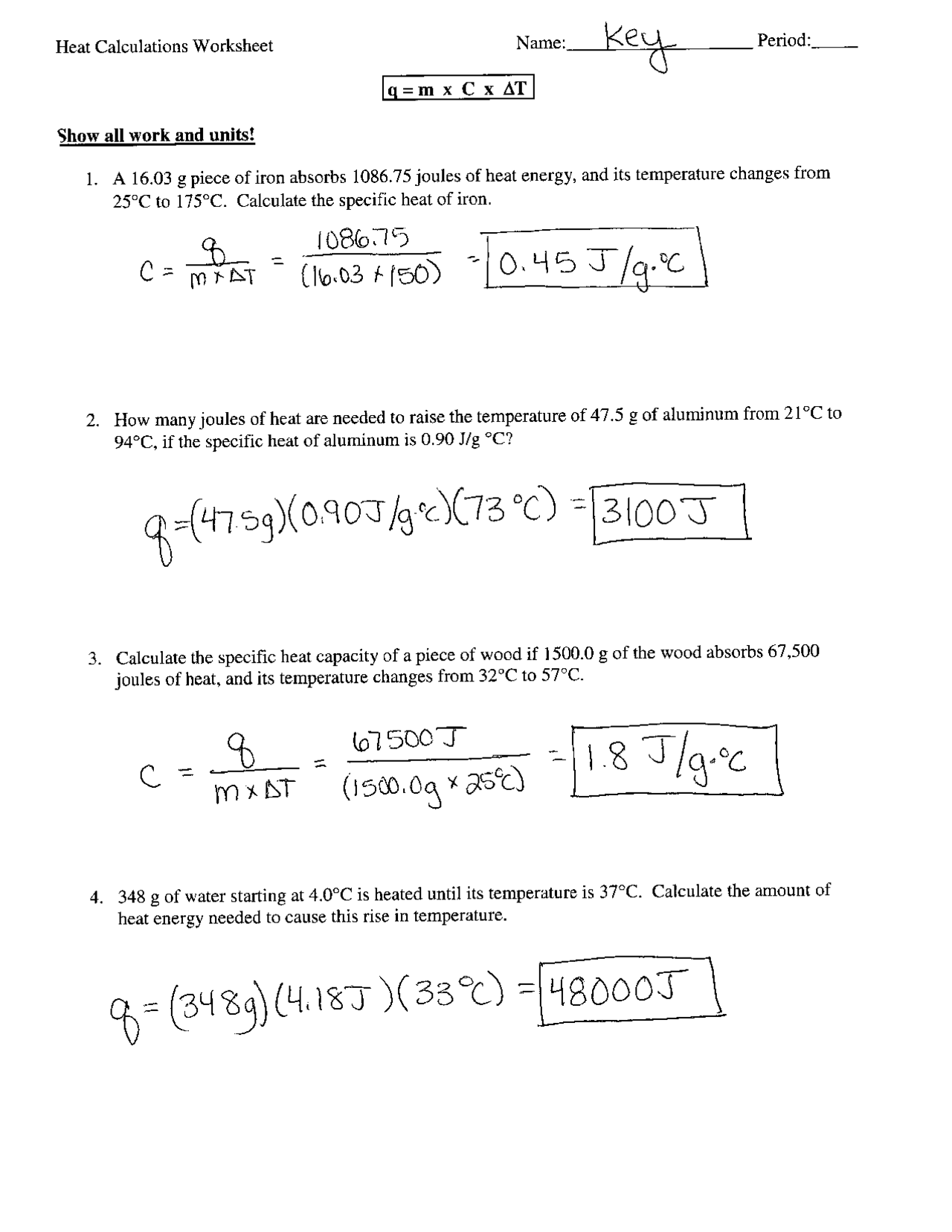 specific heat worksheet
