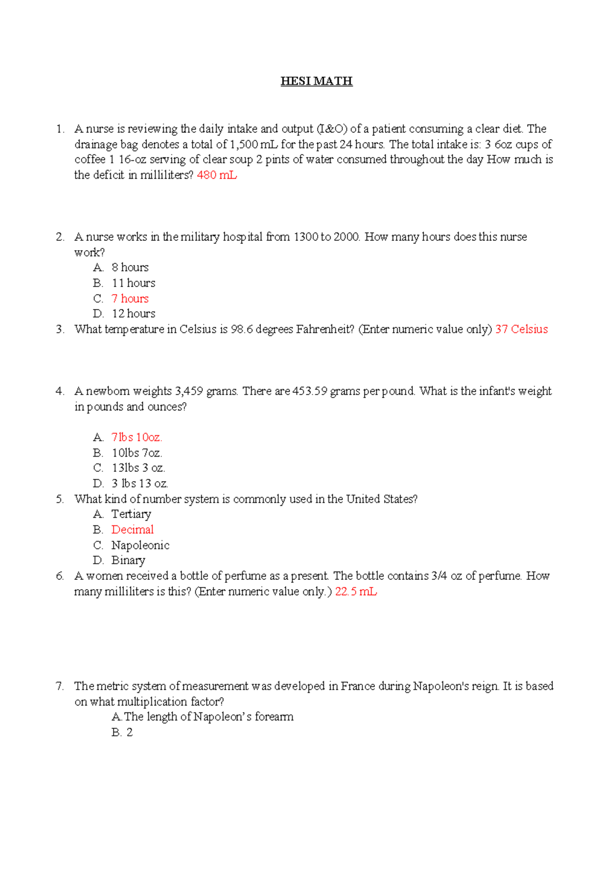 Hesi math questions with answers all correct Study Guid HESI MATH A Nurse Is Reviewing The Studocu