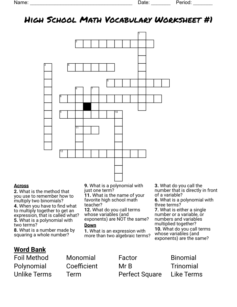 High School Math Vocabulary Worksheet 1 Crossword WordMint