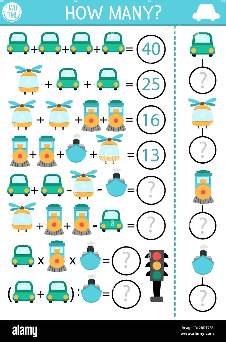 How Many Vehicles Game Equation Or Rebus Air Water Land Transportation Math Activity For School Children Simple Printable Counting Worksheet For Stock Vector Image Art Alamy