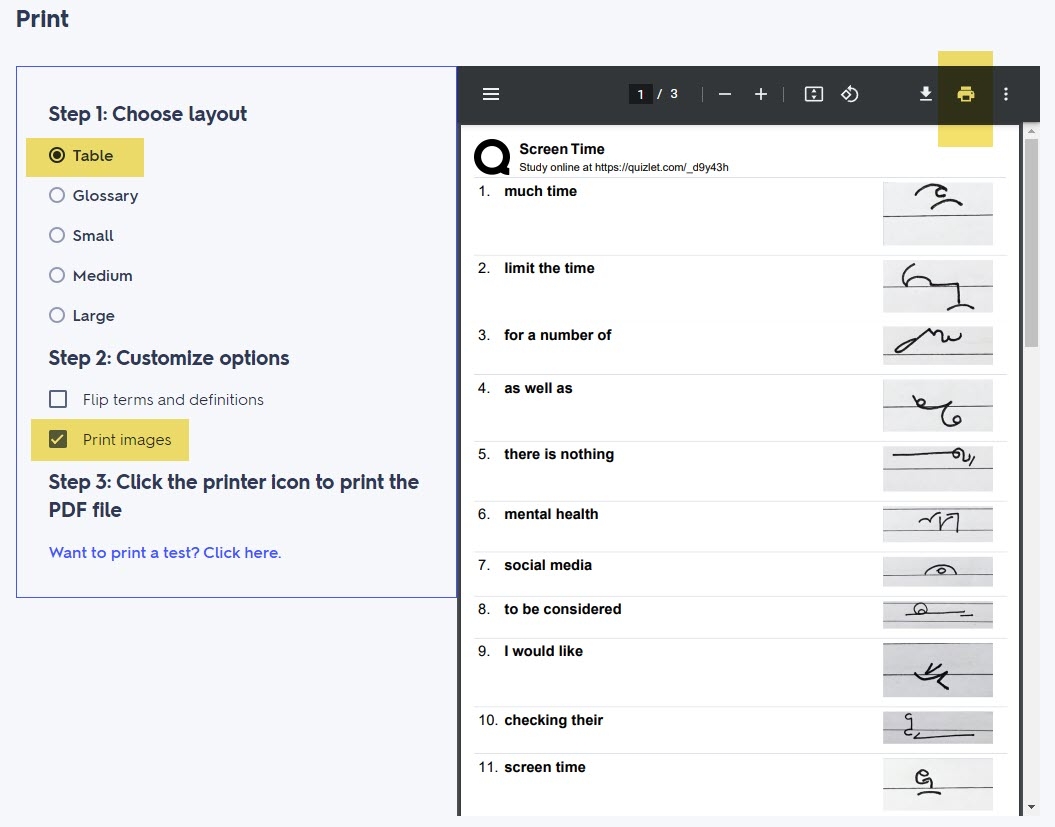 how to print flashcards from quizlet