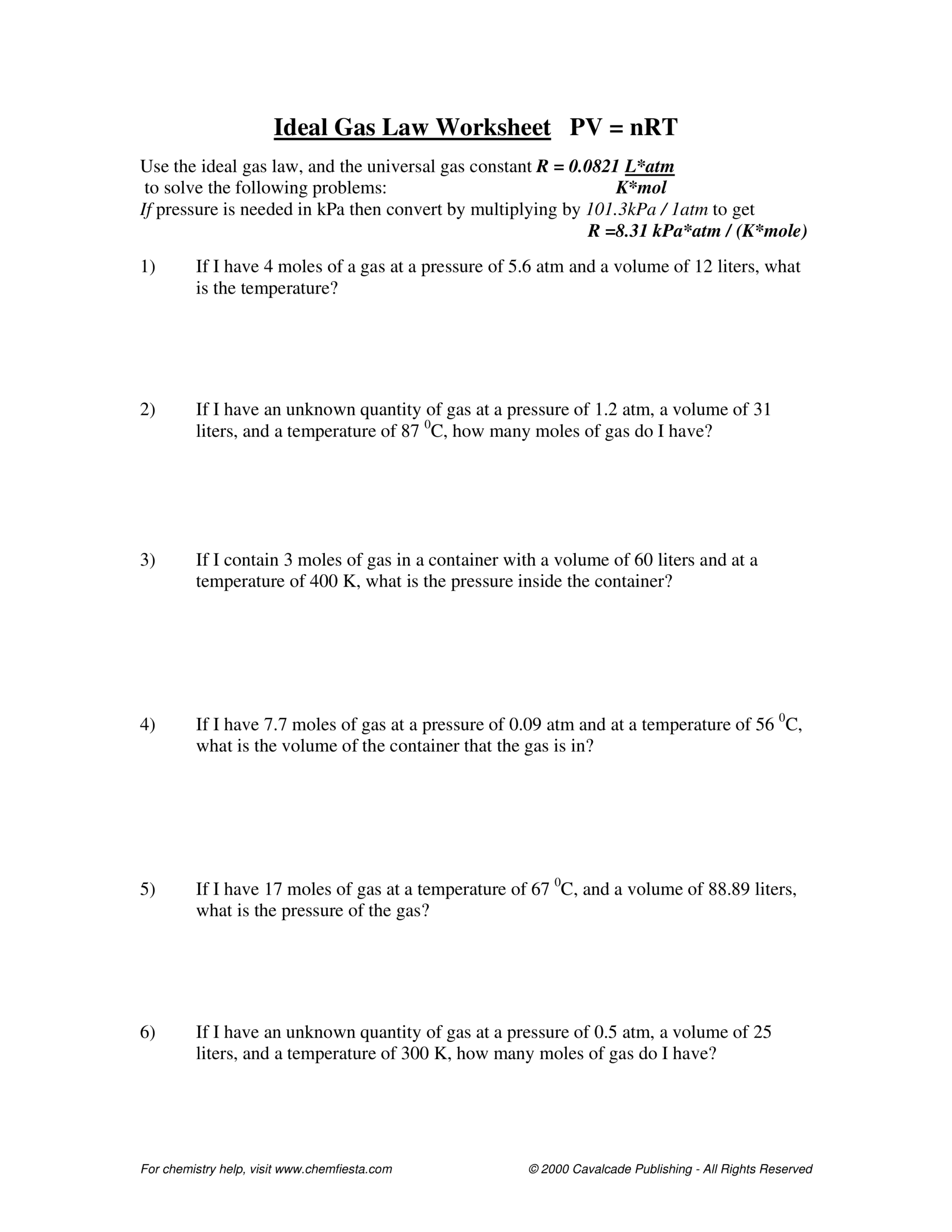 Ideal Gas Law Worksheet Alicia Barrett Library Formative