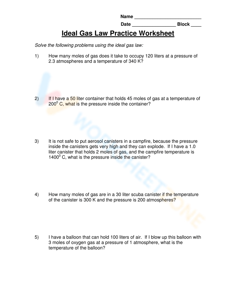 Ideal Gas Law Worksheets Ideal Gas Law Worksheets