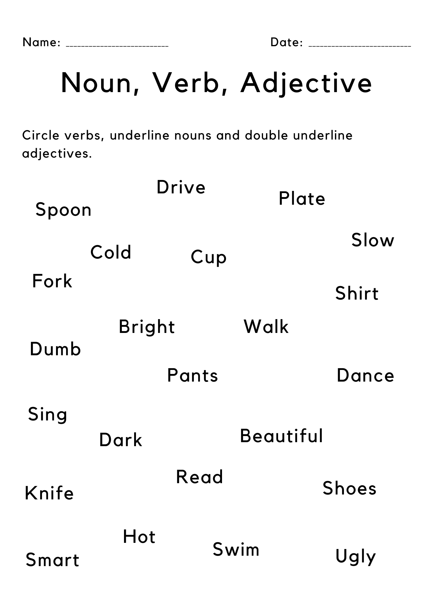 Identify Noun Verb And Adjective Worksheet For Grade 1 Teaching Resources