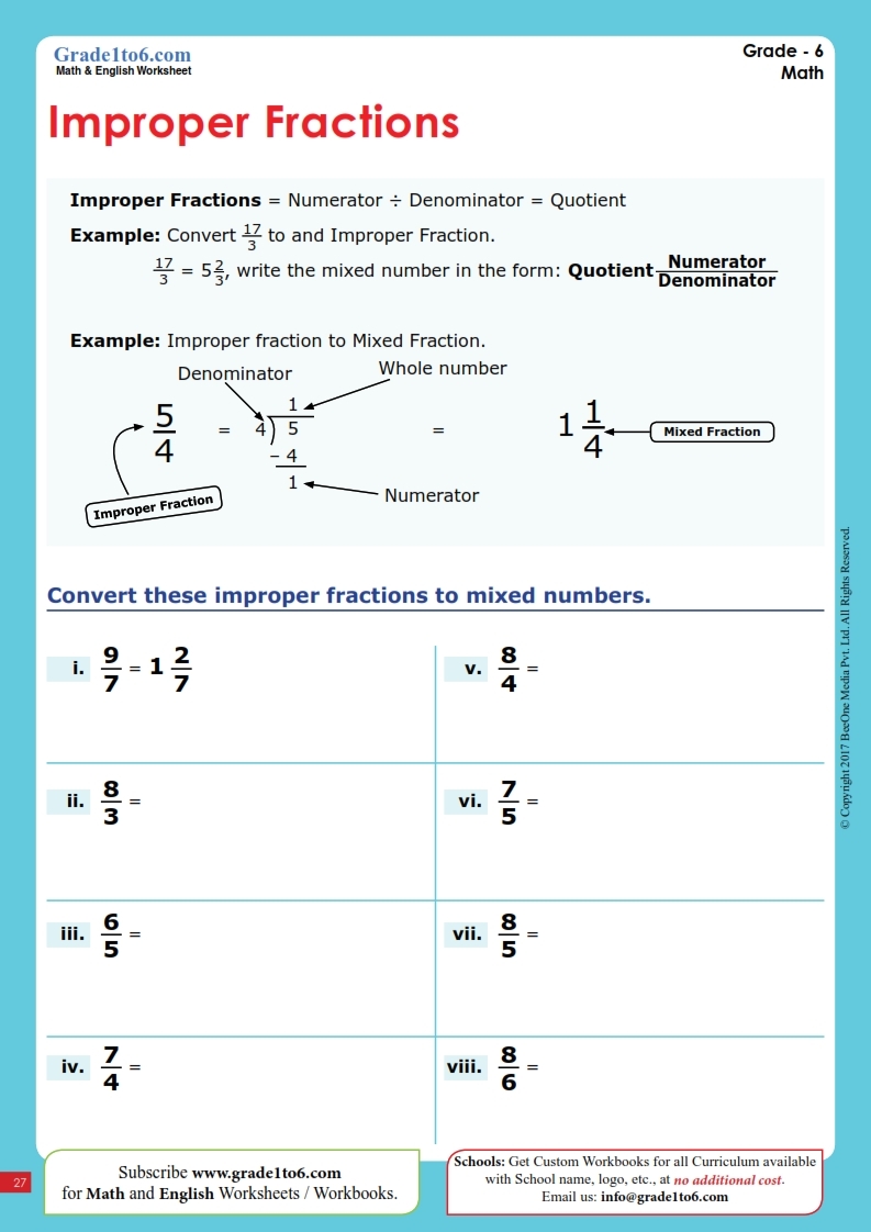 Improper Fraction To Mixed Number Conversion Worksheet