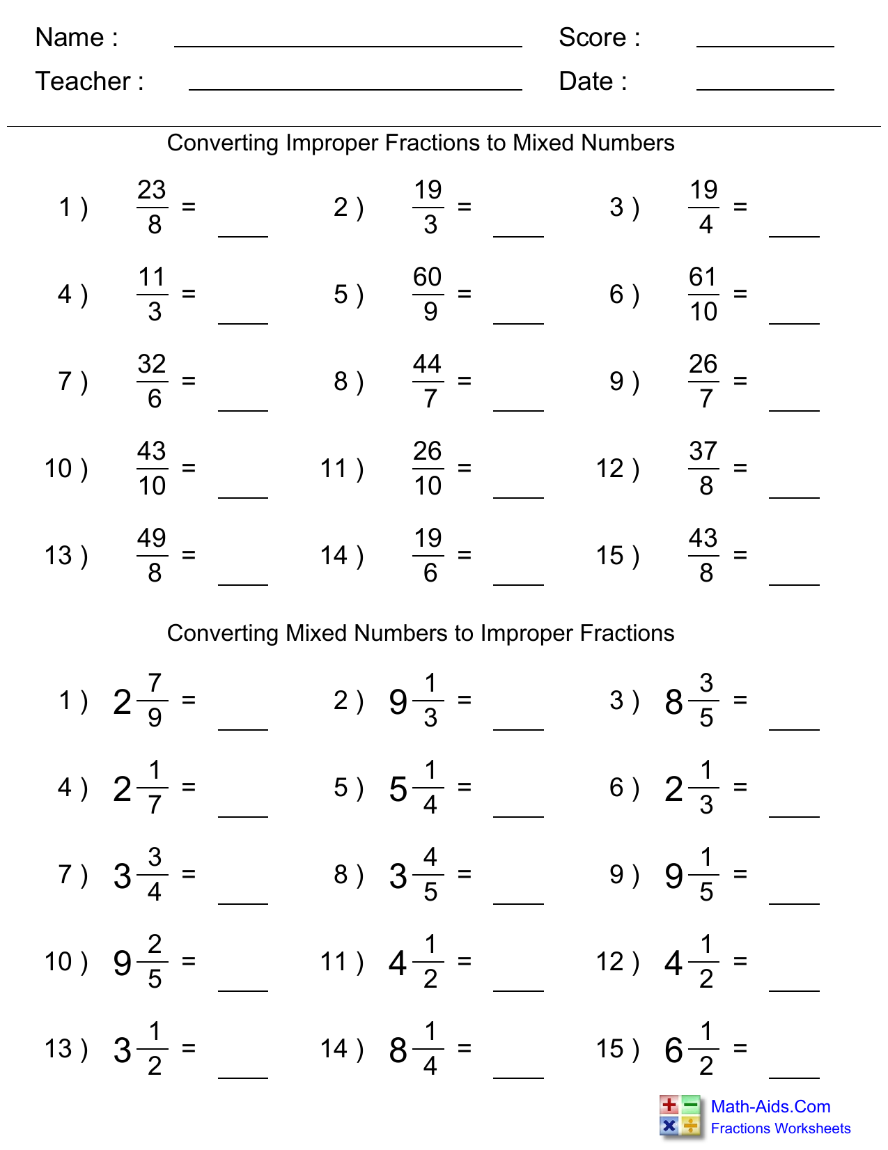 converting improper fractions to mixed numbers worksheet