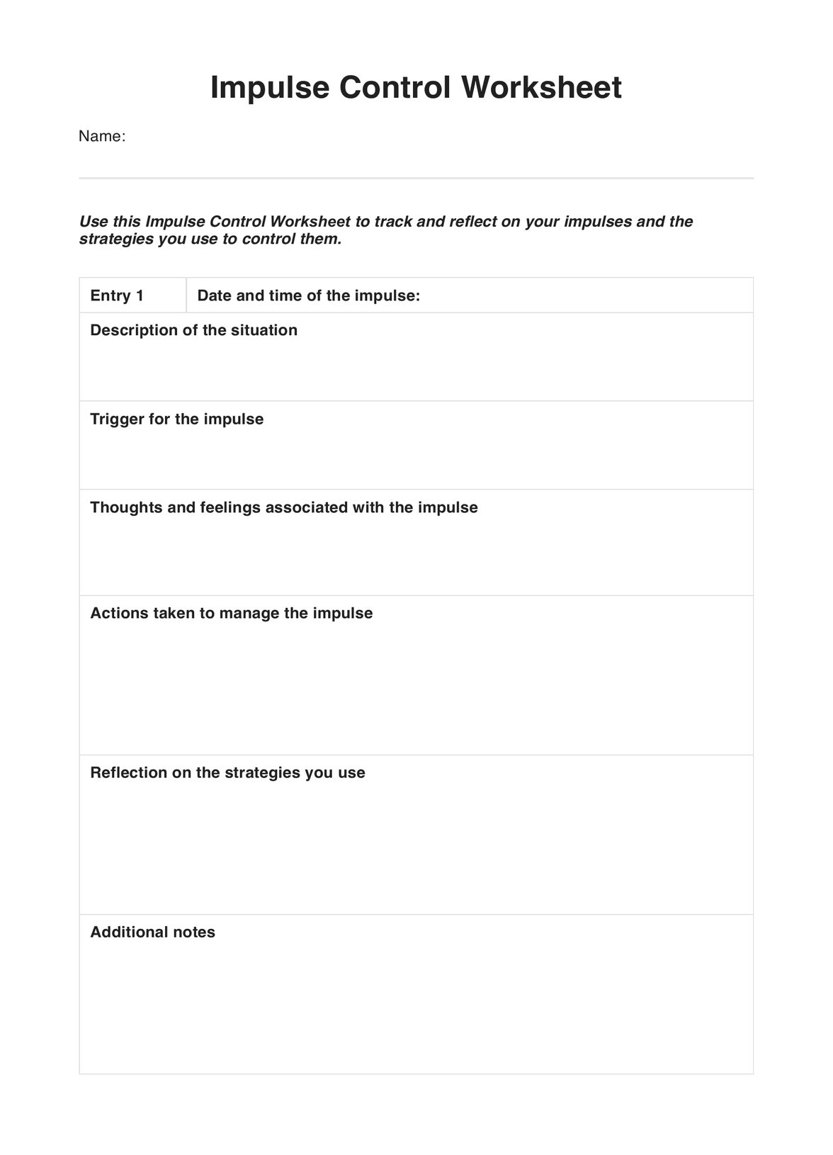 Impulse Control Worksheet