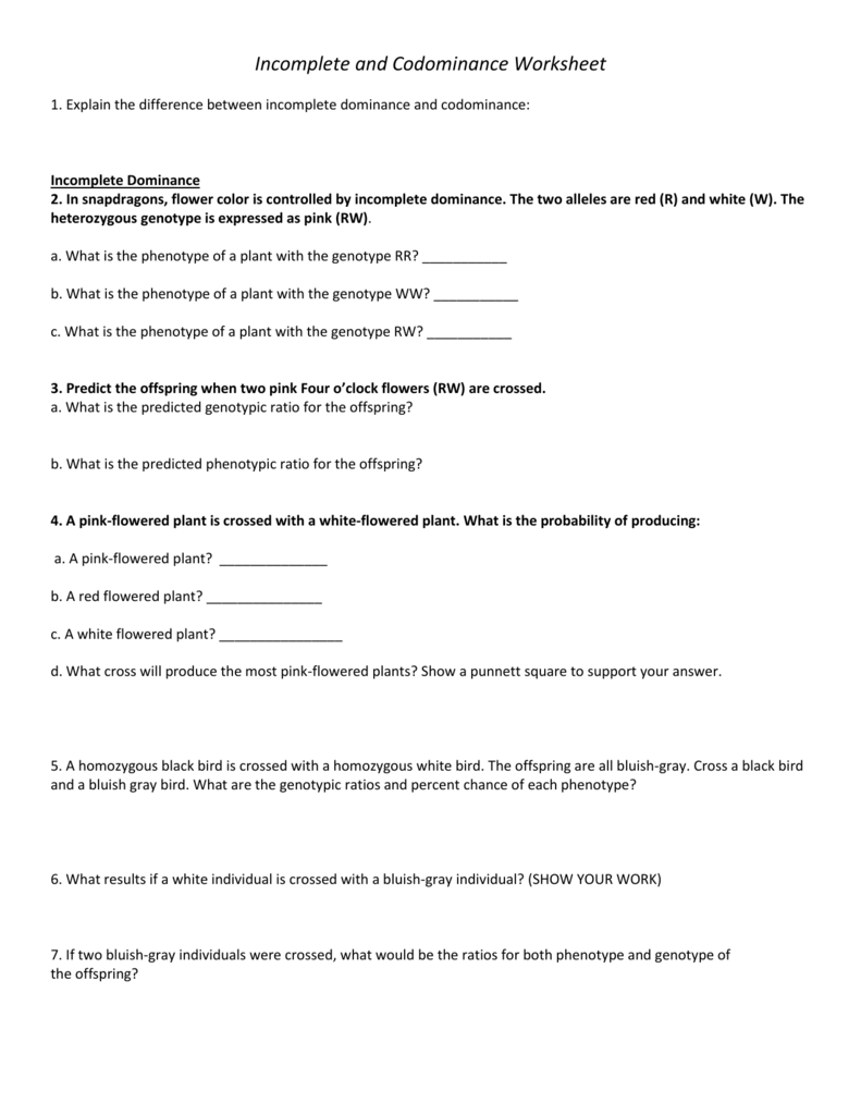 Incomplete Codominance Genetics Worksheet