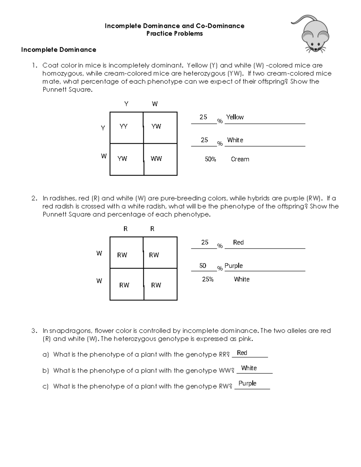 Incomplete Dominance Co Dominance Practice Problems For Bio 101 Studocu