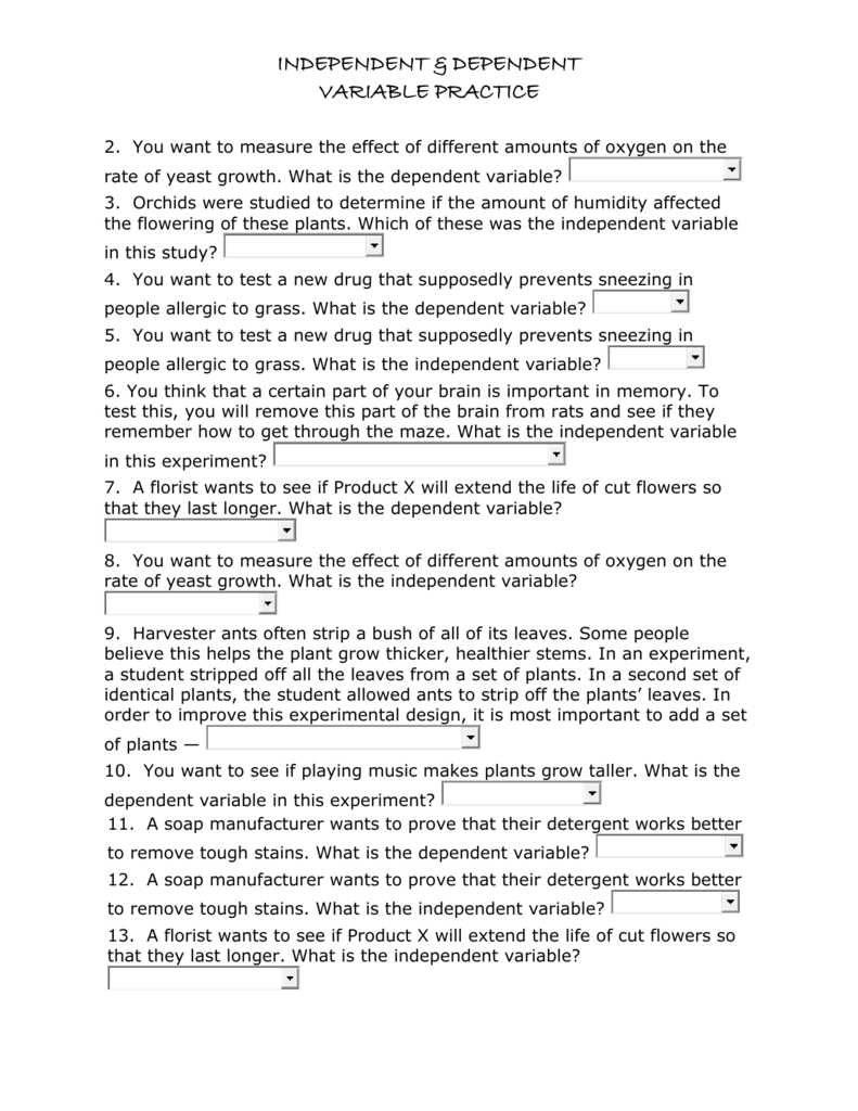 Independent Dependent Variables Practice Worksheet