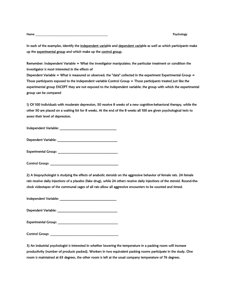 Independent Dependent Variables Worksheet