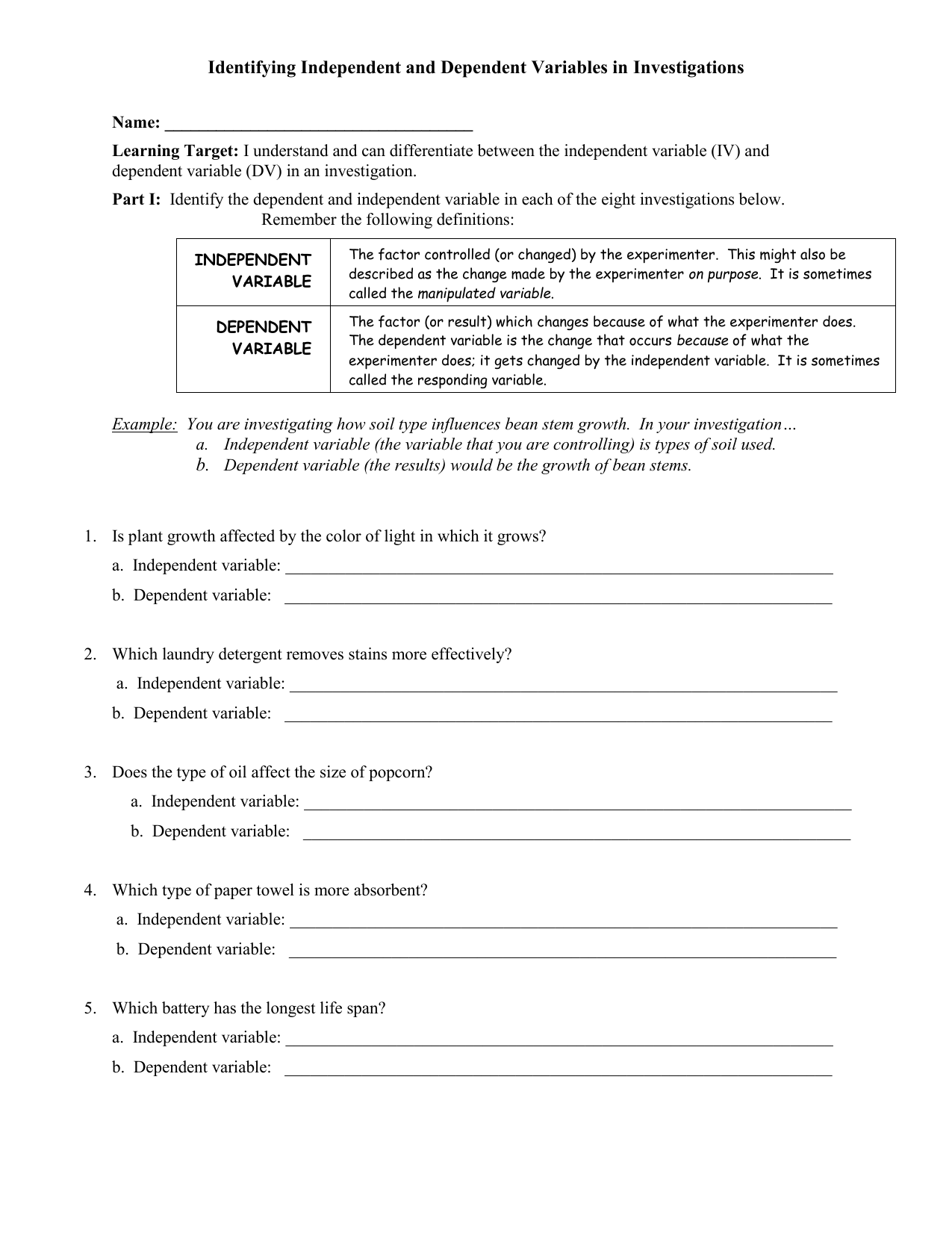 Independent Dependent Variables Worksheet