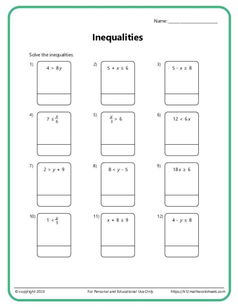Inequalities Worksheets
